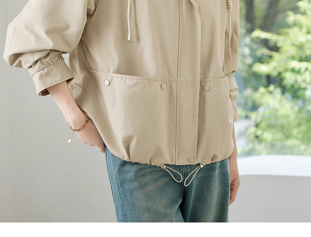 Chushen Spring and Autumn Short Jacket for Women with Hood, Exquisite Pocket Design, Versatile Loose Casual Top Coat S143U2011 4