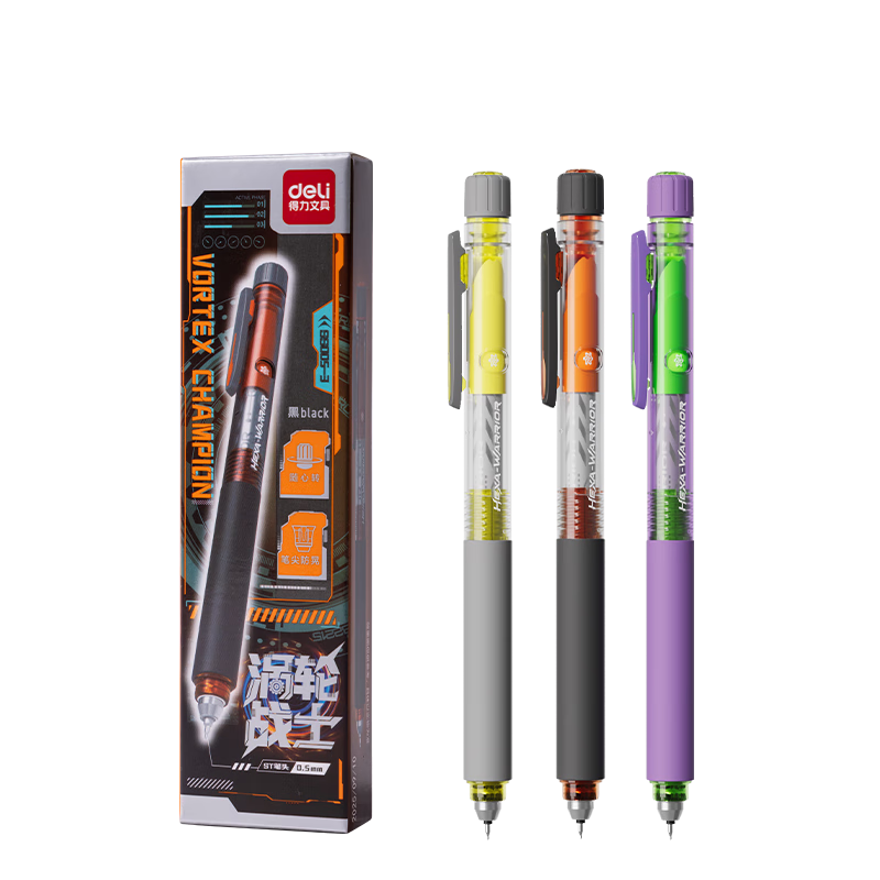 Deli Turbo Warrior 0.5mm Rotating Refill Gel Pen, Dual Ballpoint Tip, Quick-Dry Smooth Exam Pen, Black, 3pcs/Box SS005-3