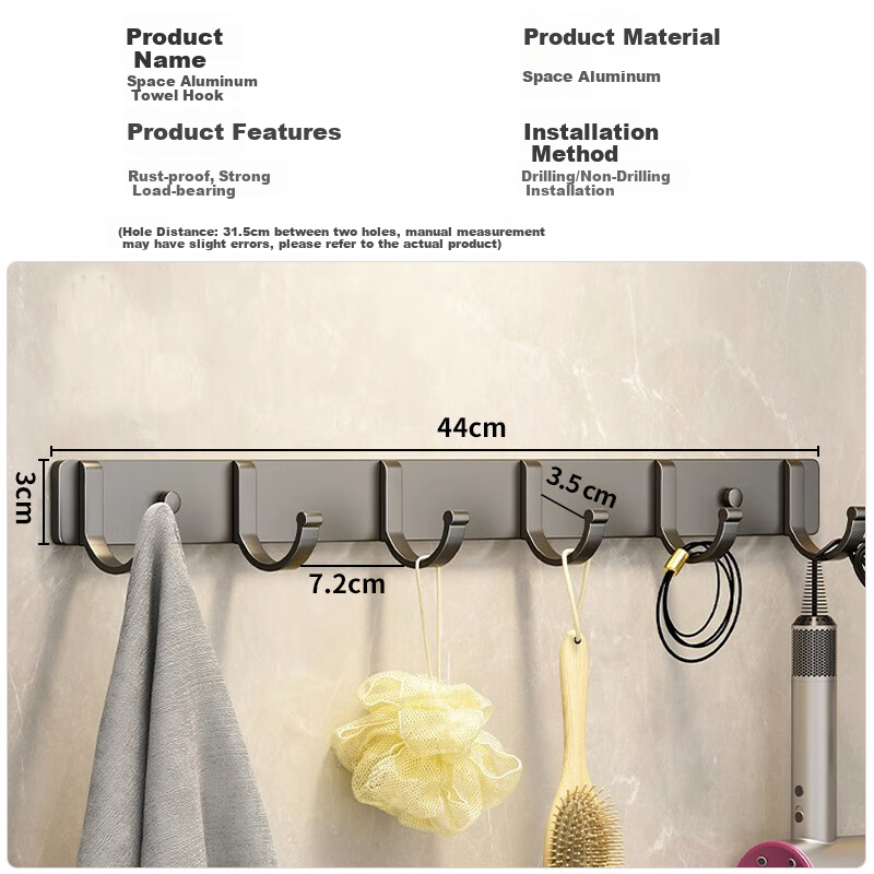 Baizi Adhesive Hooks, No Drilling Required, Kitchen Hooks, Strong Space Aluminum Adhesive Hooks, Door Back Hangers, Bathroom Hooks And Racks