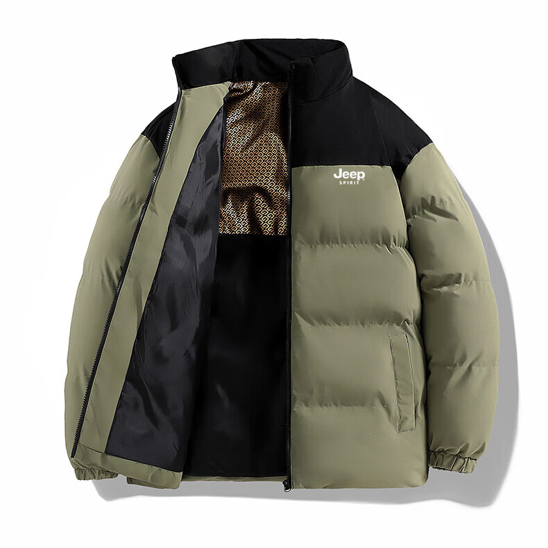 JEEP SPIRIT Men's Winter Cotton Jacket Stand Collar Thickened Puffer Coat Warm Military Green 2XL 12