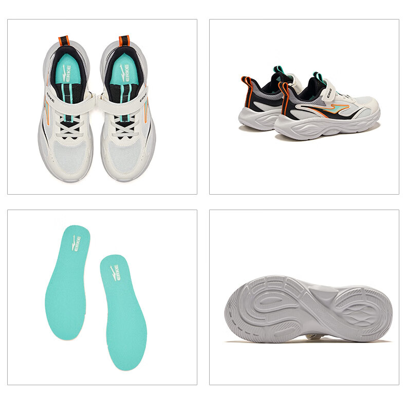 ERKE Kids Unisex Sports Shoes Children's Mesh Basic Running Shoes Microcrystal White/Black/Gravel Gray Size 38 40