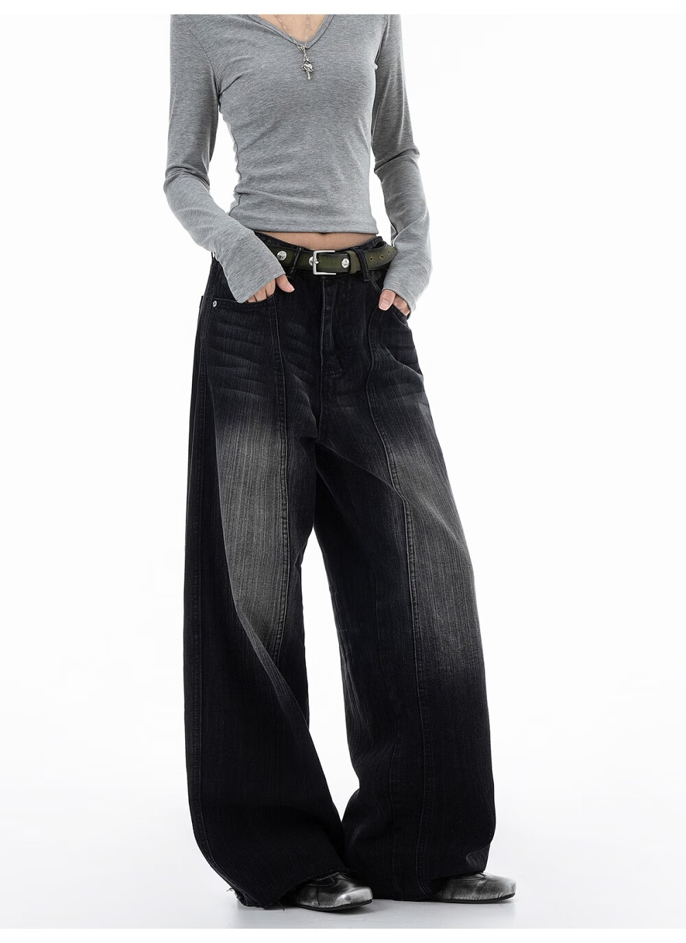 ICH MODE Women's American Vintage Washed Denim Jeans Spring Autumn Loose Straight Leg Curved Cut Casual Wide Leg Pants Blue XL 17