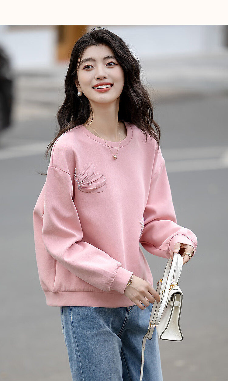 DME 350G Air Layer Spring 3D Butterfly Patch Beaded Loose Fit Flesh-Hiding Women's Sweatshirt 18