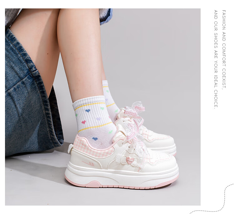 Warrior Women's White Shoes Spring and Autumn New Casual Versatile Creative Bowknot Sports Thick Sole Sneakers Beige Deep Blue 37 8