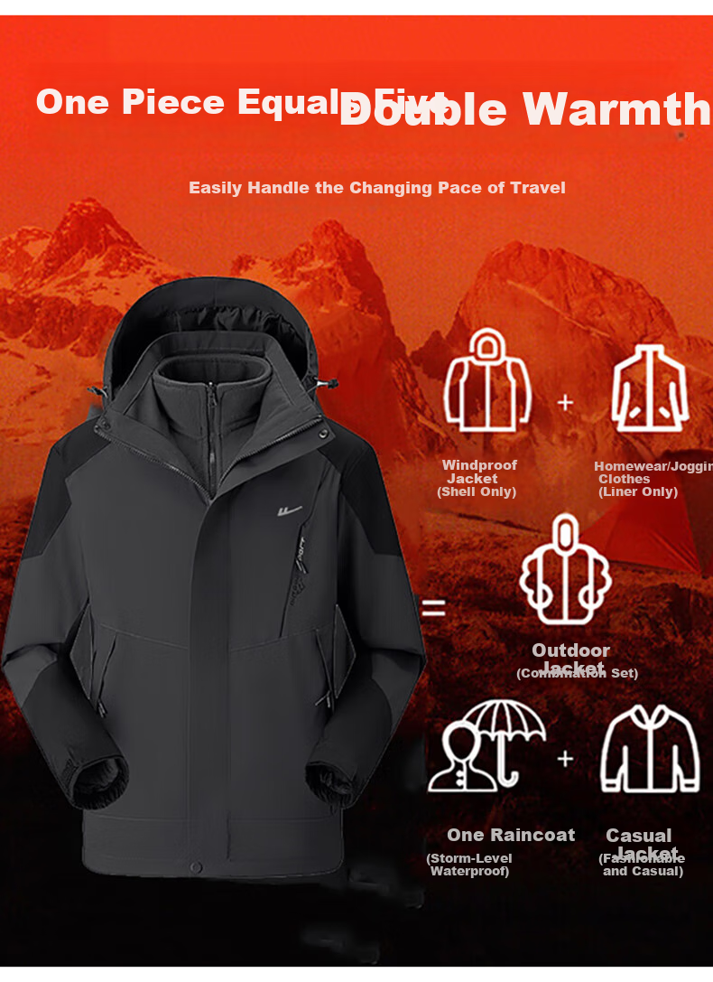 Warrior Men's Outdoor 3-in-1 Hooded Jacket Autumn Winter Detachable Liner Windproof Waterproof Coat 3