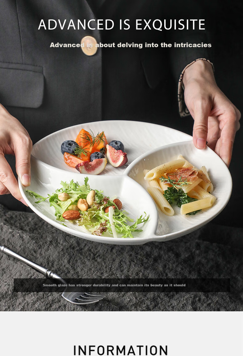 Chuanqi Ceramic Divided Plate, 10-Inch Three-Compartment Round Plate, Salad Plate, Fat-Reducing Separated Breakfast Plate, Lava Flow 6