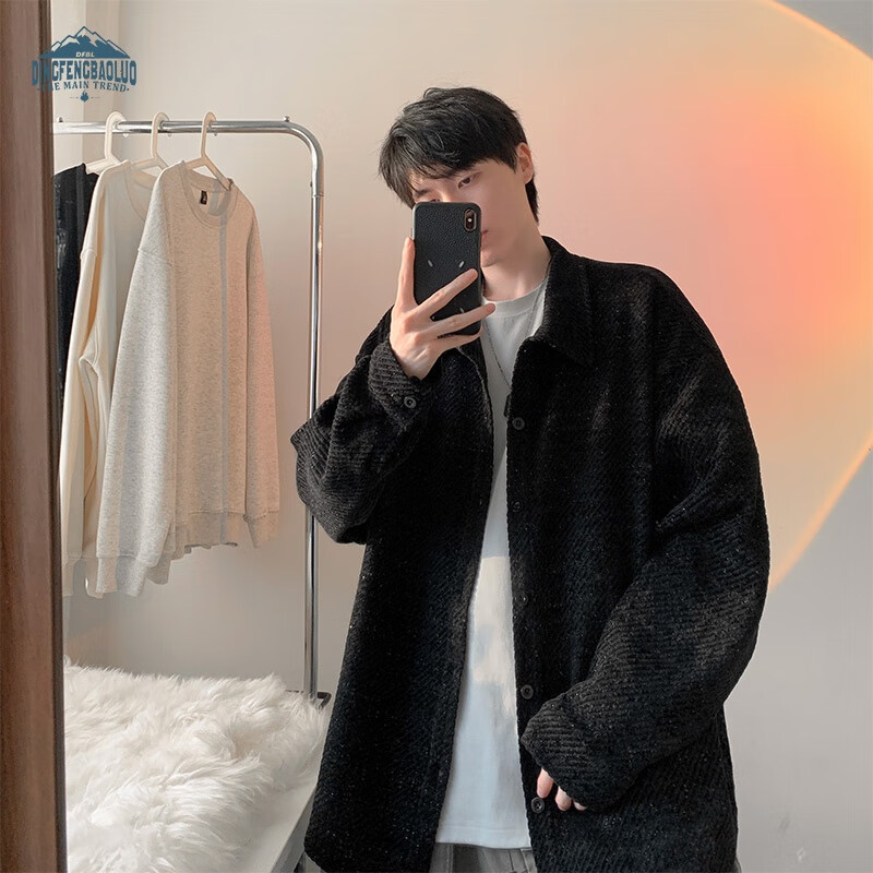 Dingfengbaoluo American Style Fishbone Pattern Jacket Men Autumn Lapel Loose Textured Casual Long Sleeve Shirt XJM65 Black M