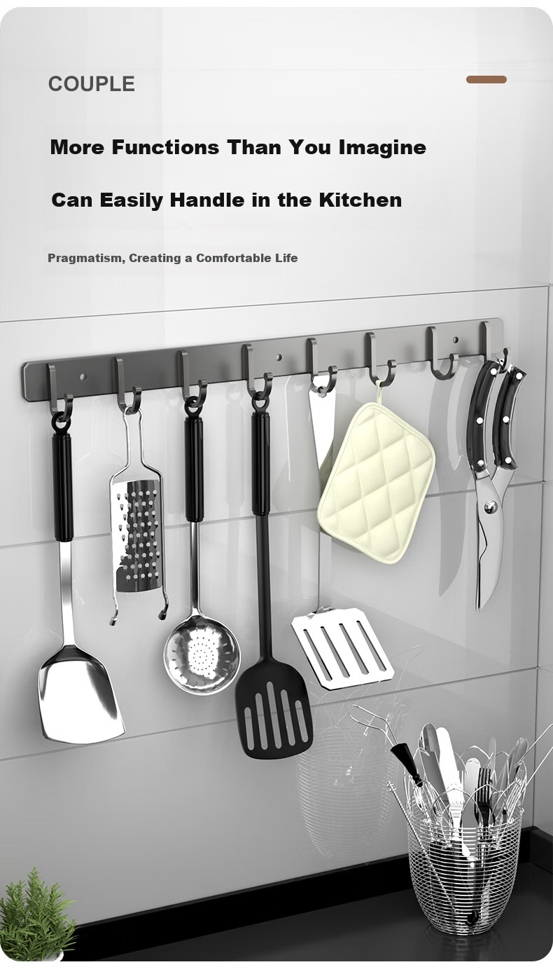 Baizi Space Aluminum Hooks, No Drilling Required, Coat Hooks, Door Back Key Hooks, Entryway Bathroom Kitchen Adhesive Hooks, 8 Hooks 8