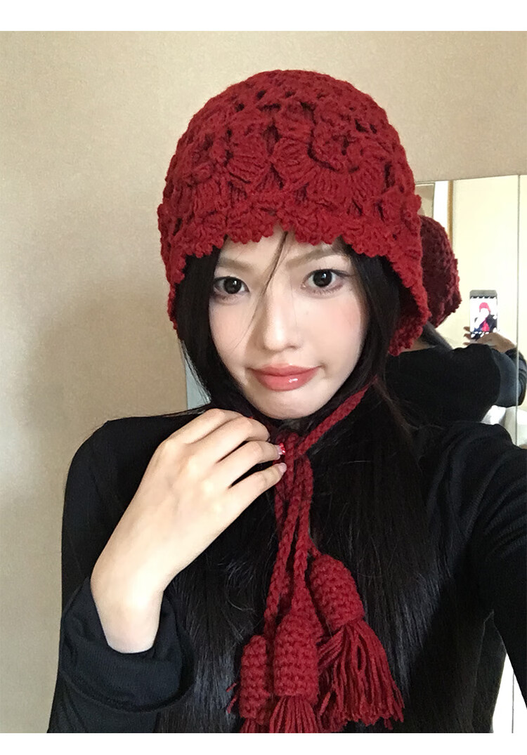 Ning'an Flower Tassel Red Wool Knit Beanie Women Autumn Winter Ear Protection Slim Face Chuanxi Travel Pullover Hat 8