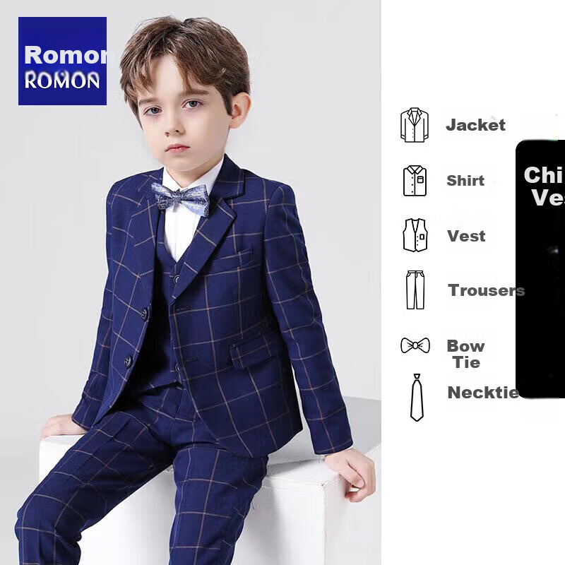 Romon Children's Suit Vest Set Boys Host Formal British Style Flower Boy Piano Performance Navy Plaid 130