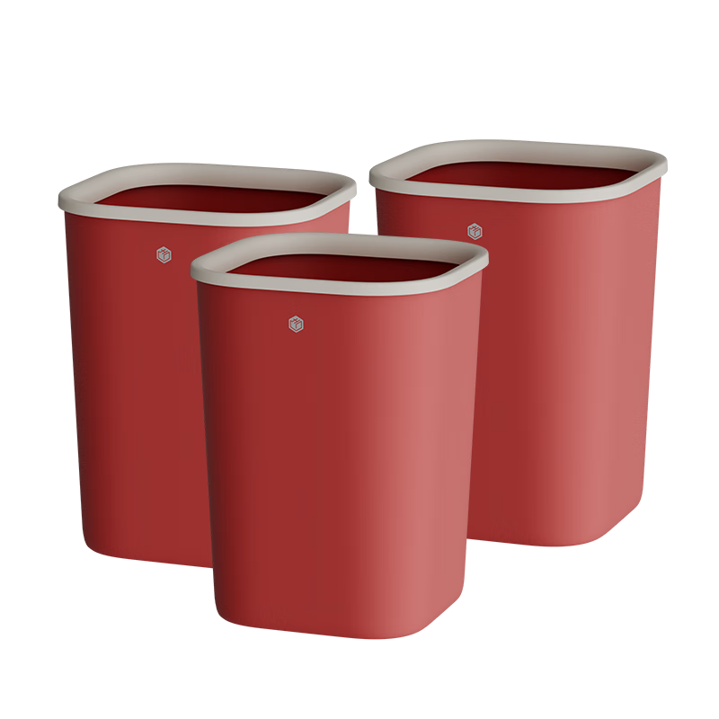 JD Jingzao 10L Red Square Trash Can without Lid with Press Ring, Pack of 3, for Living Room, Bathroom, Kitchen, Office
