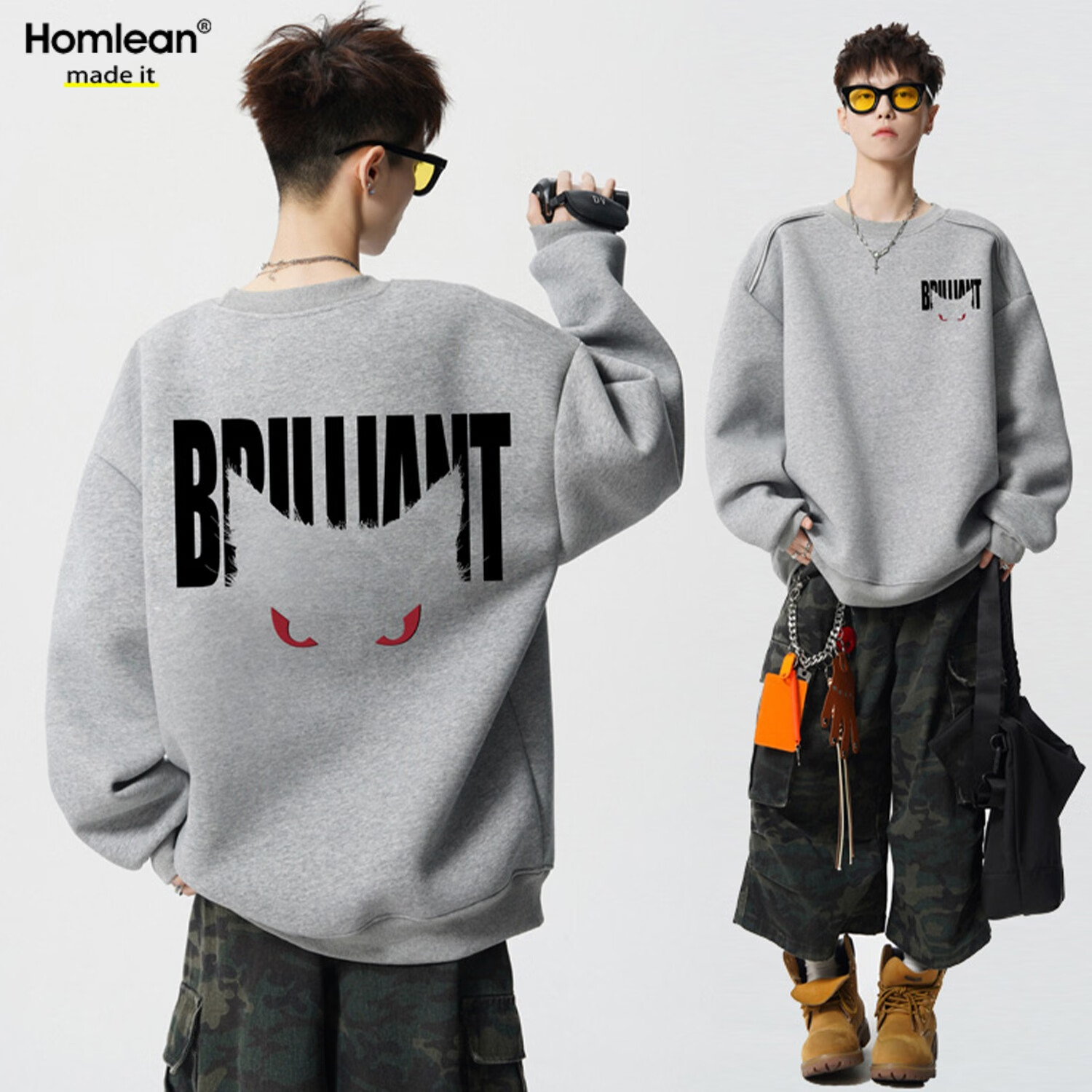 Homlean Heavyweight American Crewneck Sweatshirt Men Autumn Winter Letter Print Long Sleeve T-Shirt HB66 Light Gray XL