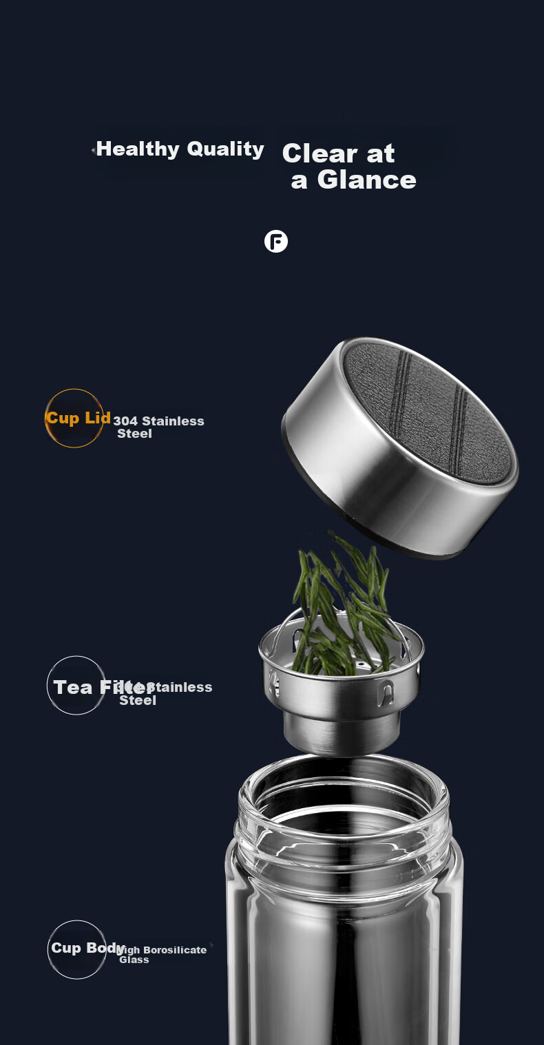 Fuguang Double-Layer Glass Cup with Tea Strainer, High Borosilicate Glass Water Bottle, Tea-Water Separation Car Tea Infuser Mug for Men 400ml 7