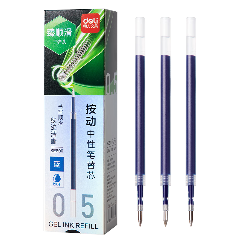 Deli 0.5 Smooth Retractable Gel Pen Refills for Students, Compatible with S01/S08/1008/K35 and G-5, Blue Bullet Tip, 20 Pieces/Box SE800