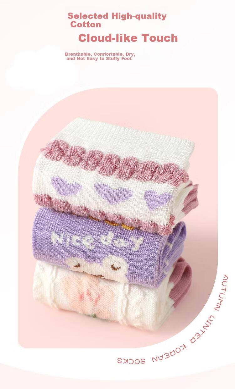 Bingxuemumian Children's Socks, Girls' Mid-Calf Cotton Socks for Spring, Autumn And Winter, 6 Pairs, Breathable, Suitable for Small to Big Kids, Versatile Lace Short Socks for Students 4