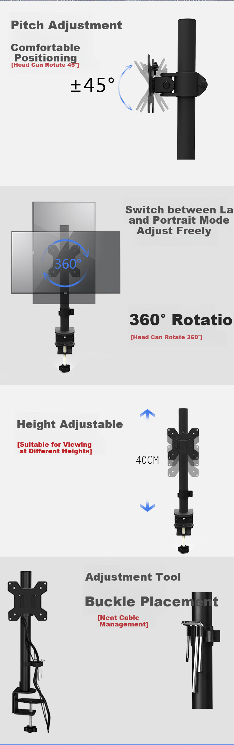 Zhiercheng 19-34 Inch Monitor Stand Wall Mount Computer Bracket, Weight Capacity 13KG, 360-Degree Head Rotation, Universal Extendable Rotating Stand for Computer Screens 3