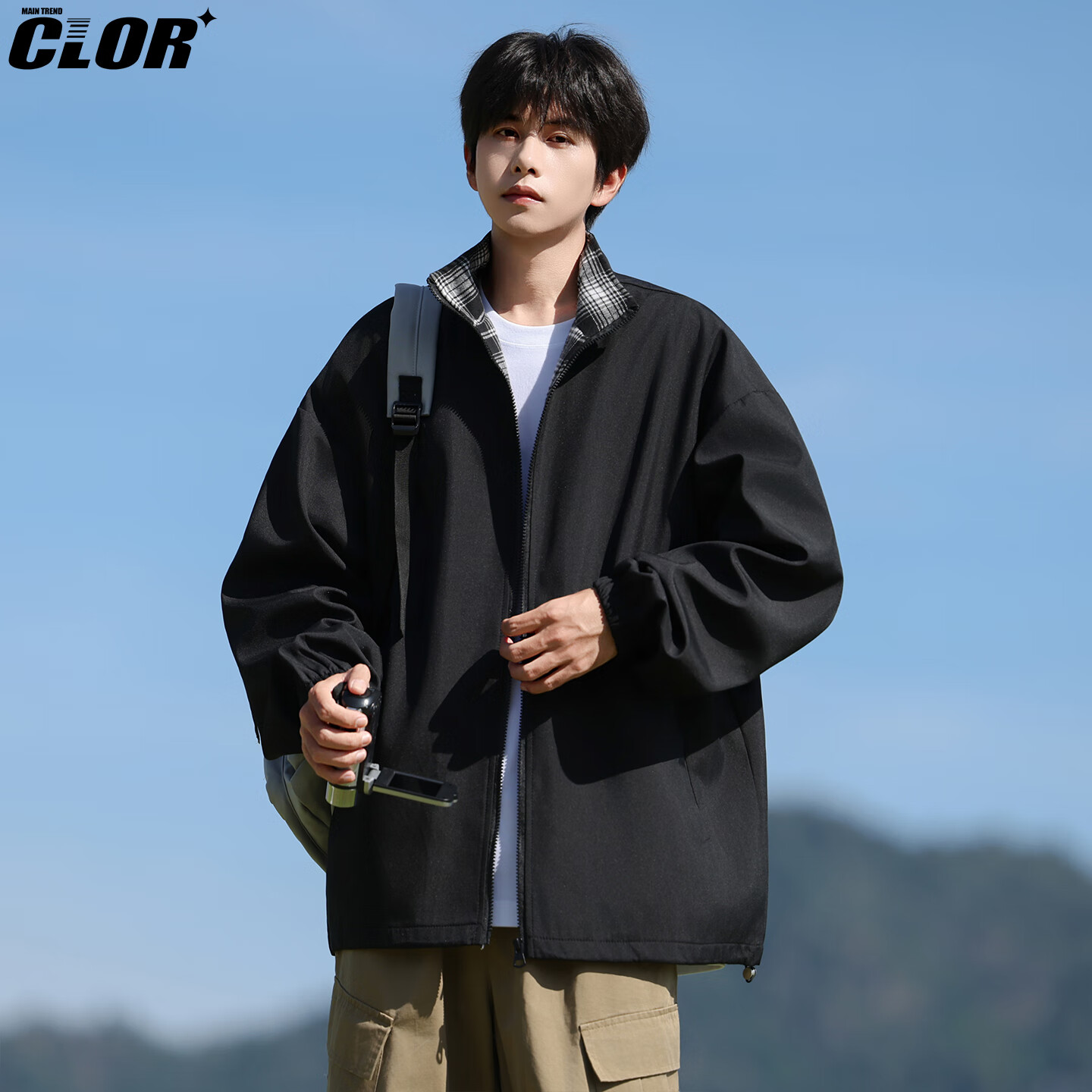 CLOR Minimalist Men's Jacket Autumn Winter Loose Fit Versatile Sports Polo Collar Baseball Plaid Patchwork Coat JK16 Black 3XL