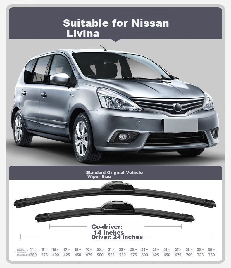 Paisu 07-26 Model Nissan Livina Windshield Wipers, Original Boneless Car Wiper Blades, Rubber Strips, Silent, 24/14 U-Shaped 1