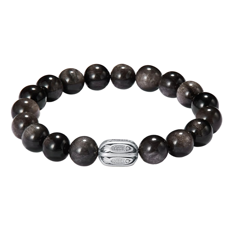 Chinese Jewelry Pure Silver Obsidian Lucky Koi Bracelet Men's High-End Black Obsidian Beaded Bracelet 520 Birthday Gift for Boyfriend and Girlfriend