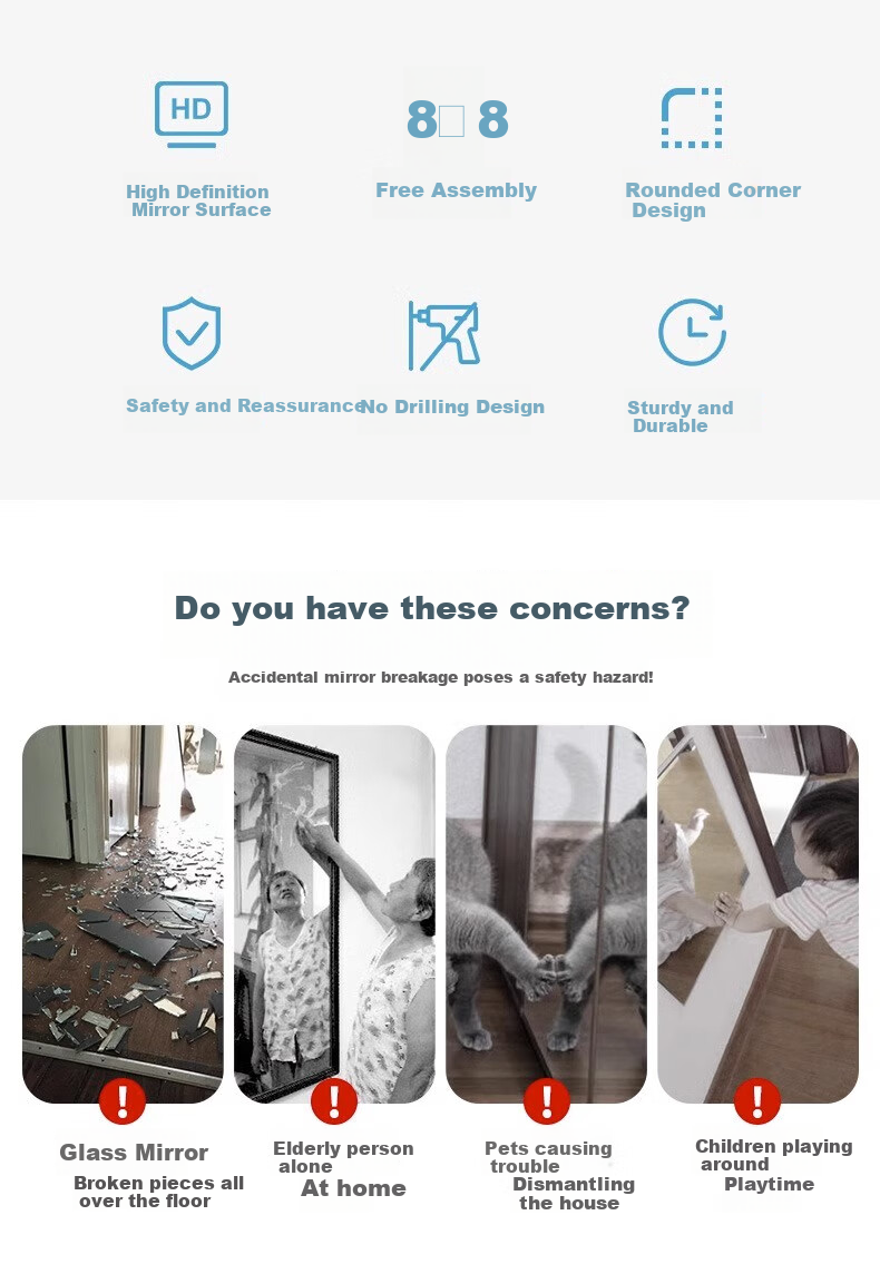Lingchen Self-Adhesive Full-Length Mirror, No Drilling Required, Acrylic Anti-Breakage Mirror, Dressing Mirror for Rental Apartments, 30*30cm Trendy Wall-Mounted Soft Acrylic Mirror 2