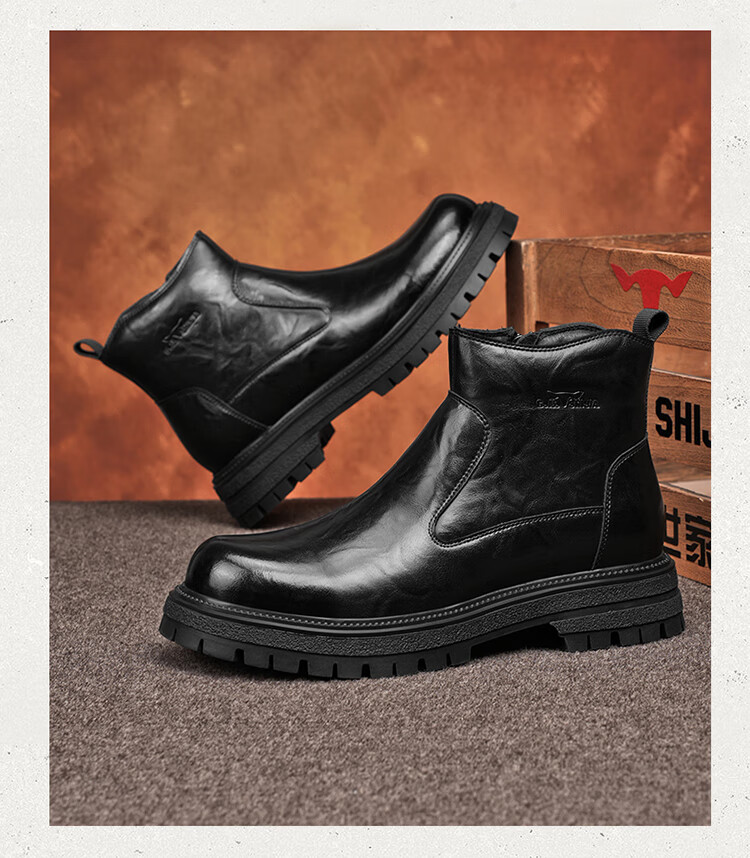 Bull Family Martin Boots Men 2026 Winter New British Style Thick Sole Side Zipper Leather Boots Men's Versatile High-top Work Boots 14