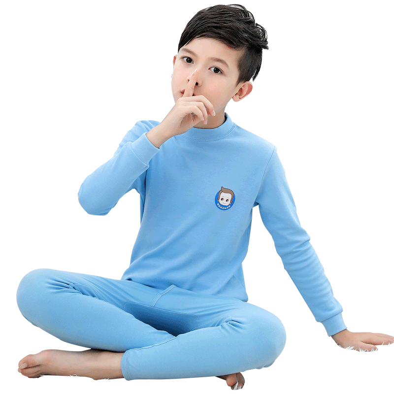 Hengyuanxiang Children's Cotton Underwear Set Boys Youth Autumn Clothes Autumn Pants Boys Middle and Large Student All Cotton Pajamas Homewear Mid Collar Vibrant Blue 150
