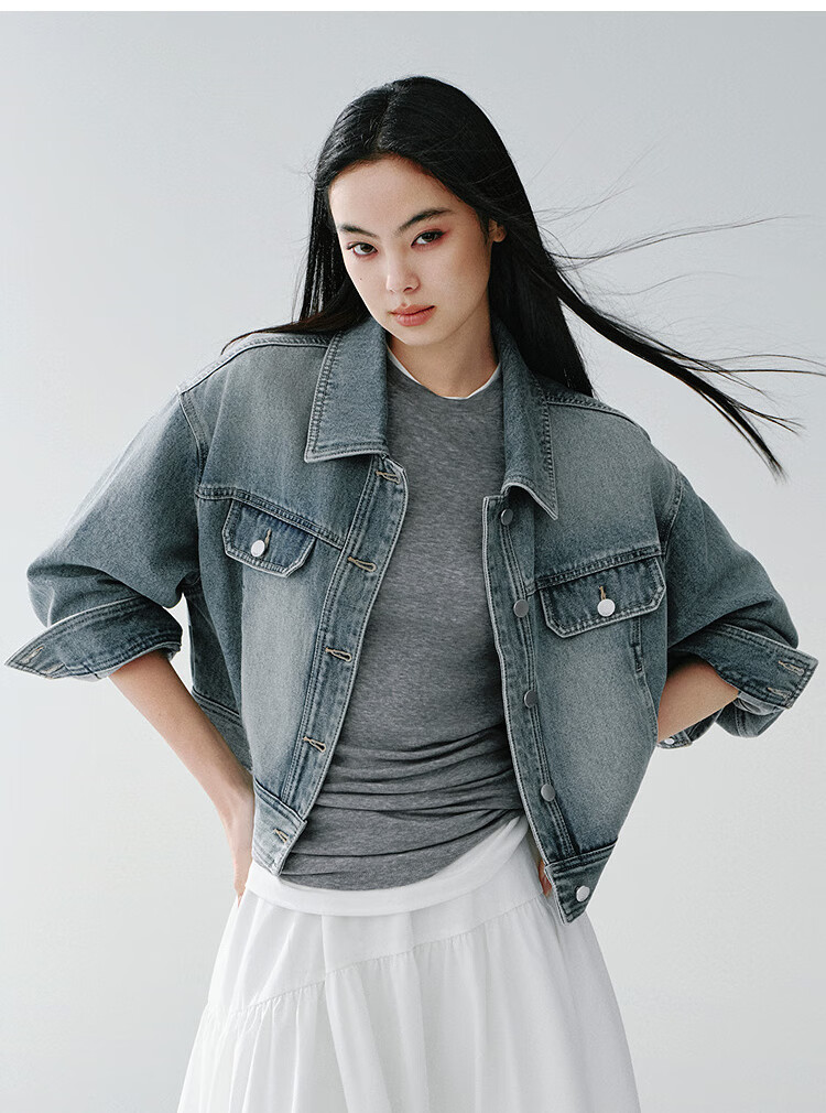 Semir Women's Denim Jacket Spring Short Lapel Drop Shoulder Loose Vintage 2026 Workwear Style Coat 109126108005 28