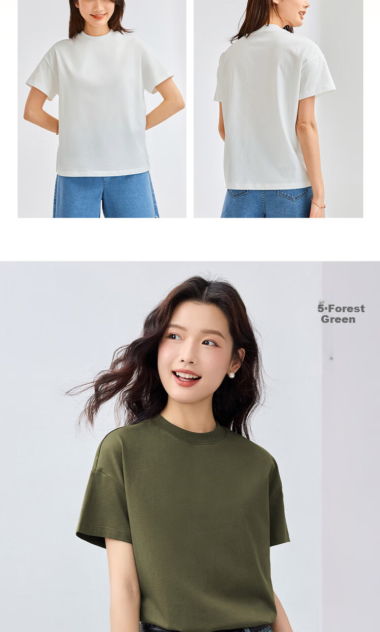Giordano Women's T-Shirt, Pure Cotton, Skin-Friendly, Elegant Blouse, Comfortable Loose-Fitting Turtleneck Top, Short Sleeve, 05322396 9