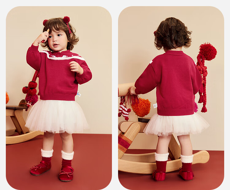 Minibala [Missha Collaboration] Girls Baby Red Sweater Winter Soft Skin-Friendly New Chinese Style New Year Greeting Outfit 2026 New Arrival 3