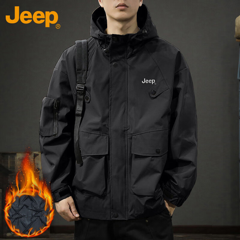 JEEP Men's Jacket Autumn Winter Hooded Workwear Loose Fit Outdoor Coat Black Fleece Lined 2XL