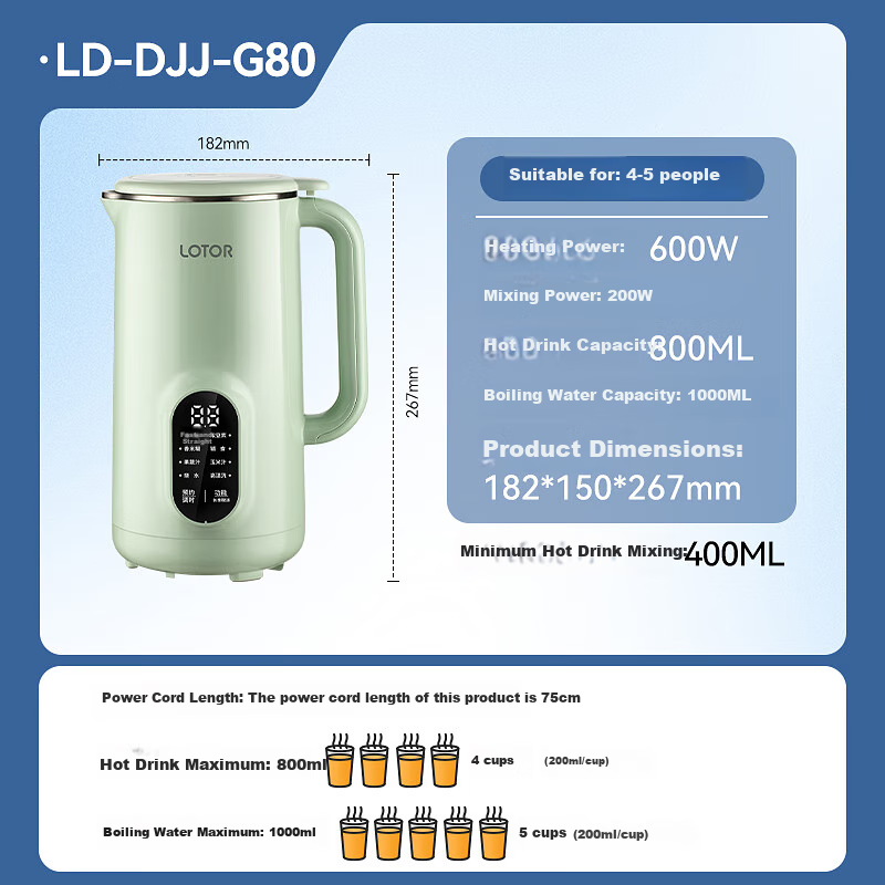 LOTOR Leiduojiaju Soy Milk Maker for Home Use, 4-Person Capacity, Fully Automatic, Quiet Operation, No Filtering Or Washing Required, Juicer, Blender, Heater, for Grains And Cereals, 316L Stainless Steel Blender