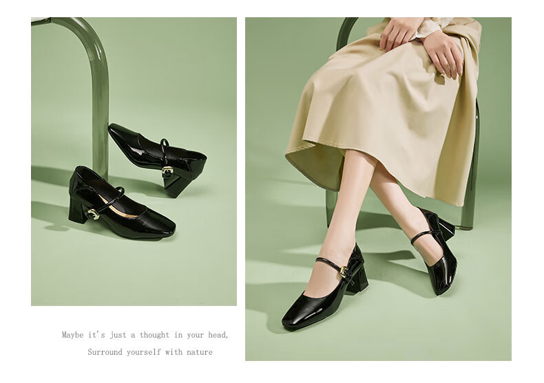 DAPHNE French Mary Jane Shoes for Women, Chunky High Heel with Single Strap, Leather Shoes, Commuter Soft-Soled Flats, Black, Size 35 3