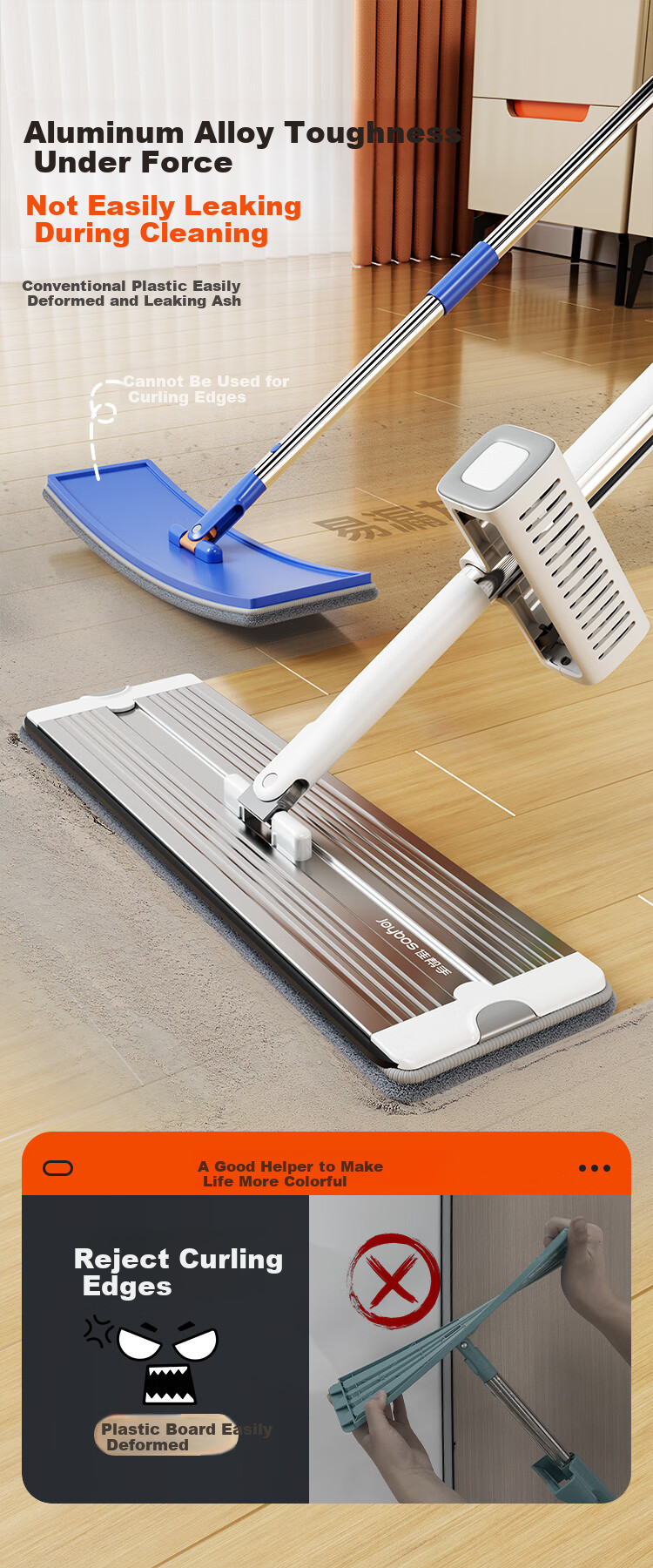 Jiabangshou Flat Mop, 40cm, 2 Cloth Pieces, Household All-In Mop, No Hand Washing Required, 2026 Floor Mop, Water Scraper Integrated Three-In Floor Cleaning 7