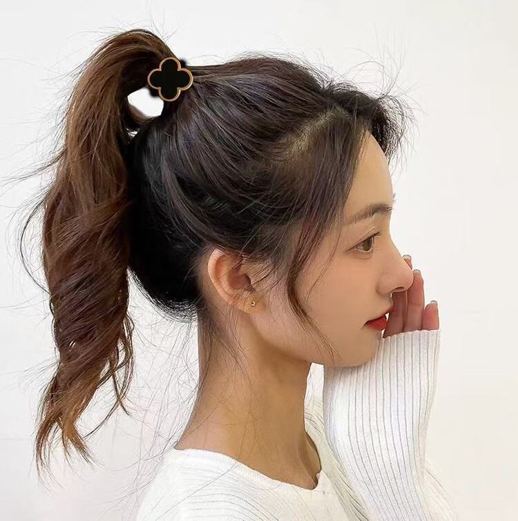 LiQing Luxury Four-Leaf Clover Hair Tie [Black] Premium Large Elastic Hair Band Elegant Hair Accessory 5
