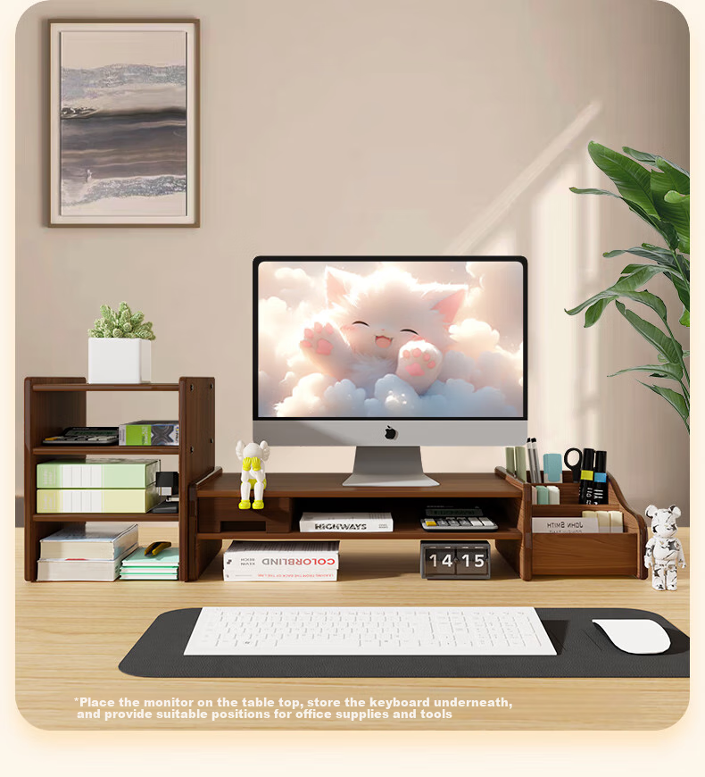 Youbili Computer Riser Desk File Cabinet, Wooden Height-Increasing Table, Multifunctional Office Desk Keyboard Storage Monitor Riser Base Laptop Storage Rack, 5069 Walnut Color 6