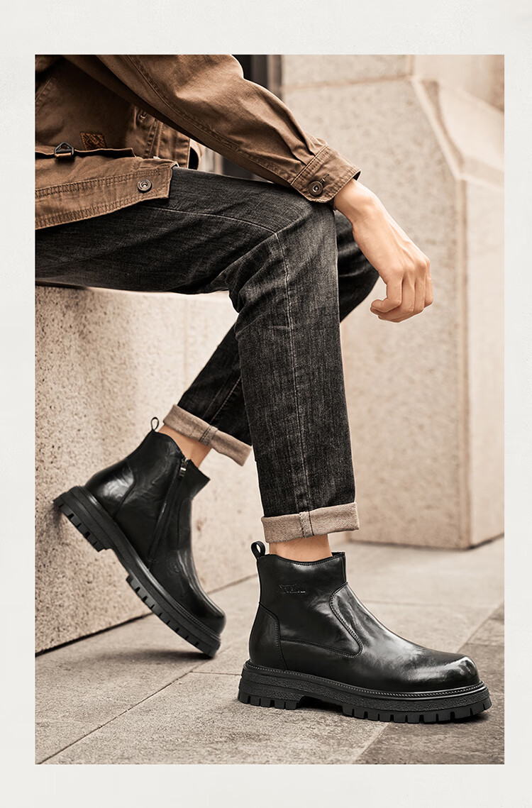 Bull Family Martin Boots Men 2026 Winter New British Style Thick Sole Side Zipper Leather Boots Men's Versatile High-top Work Boots 17