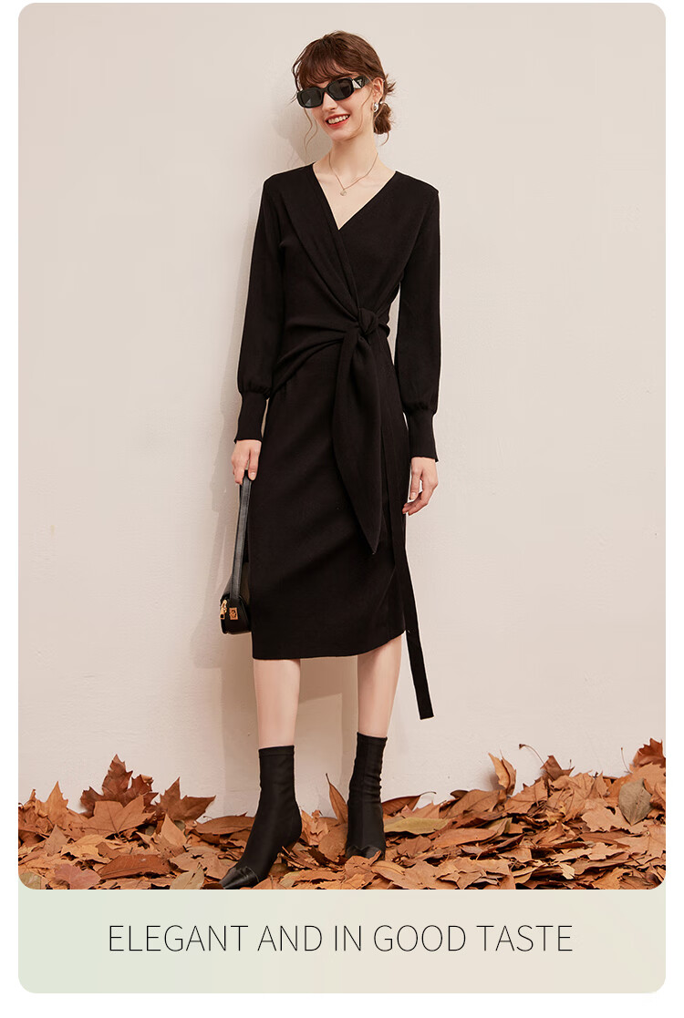 LOUISYAO Spring Autumn V-Neck Tie Design Slim Fit Slightly Stretchy Mid-Length Elegant Knit Dress Dark Coffee S 17