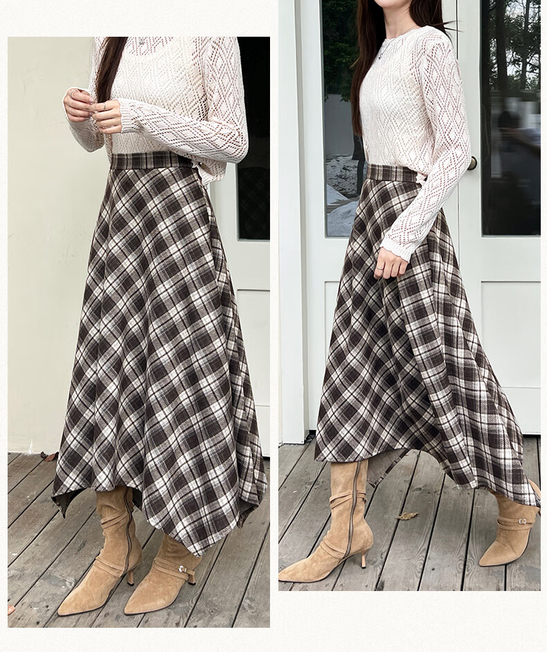 BOPRUIEY Vintage Plaid Irregular Women's Skirt 2025 New Autumn Winter A-Line Casual Mid-Length Skirt 20
