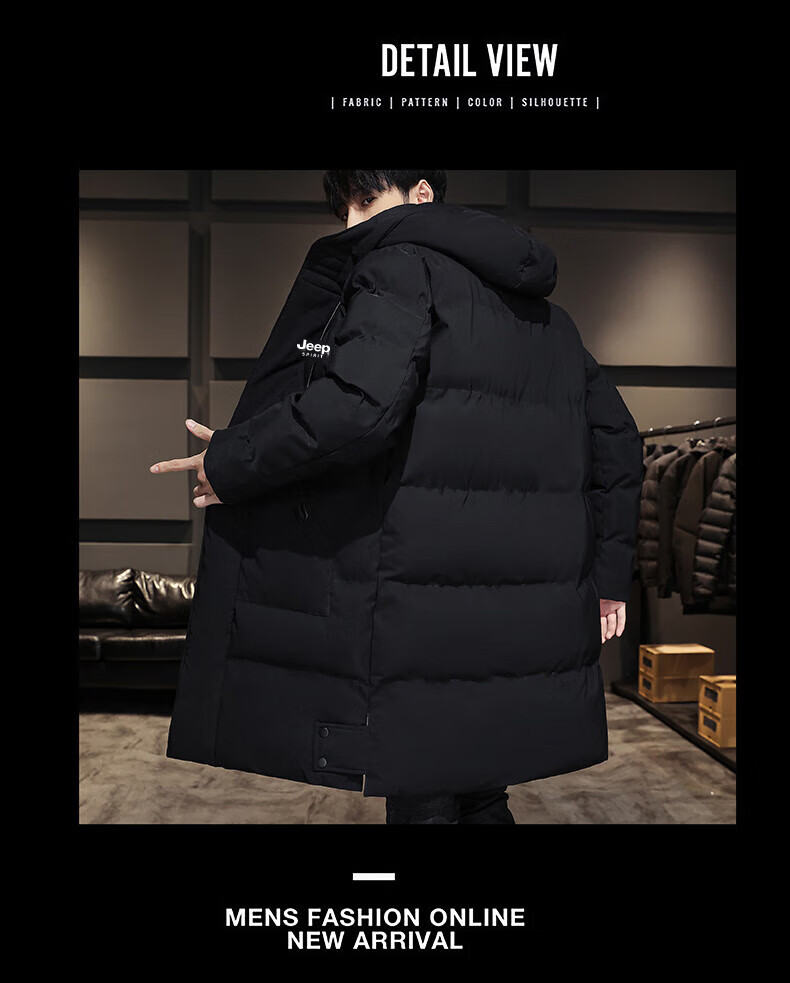 JEEP SPIRIT Men's Autumn Winter Mid-Length Cotton Padded Jacket Warm Loose Coat Black 4XL 3