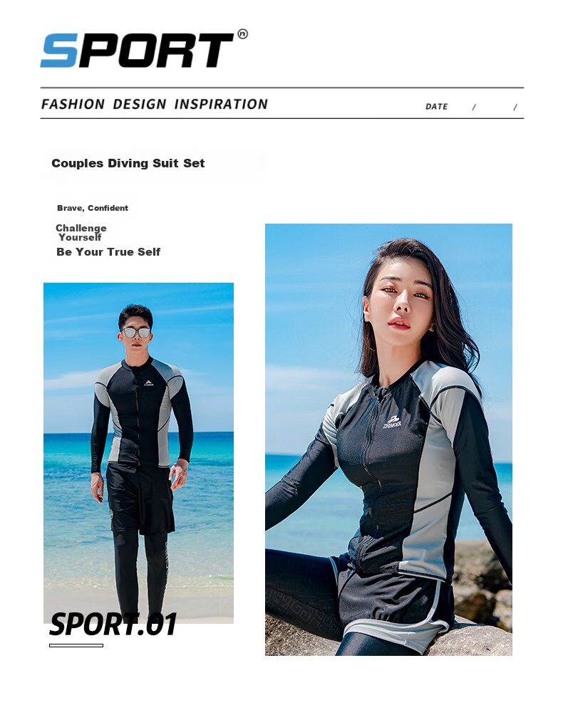 Yifu Quick-Dry Sun Protection Wetsuit for Men, Two-Piece Long Sleeve And Pants Set, Snorkeling Suit, Couple's Swimwear, Women's Surfing Suit 2
