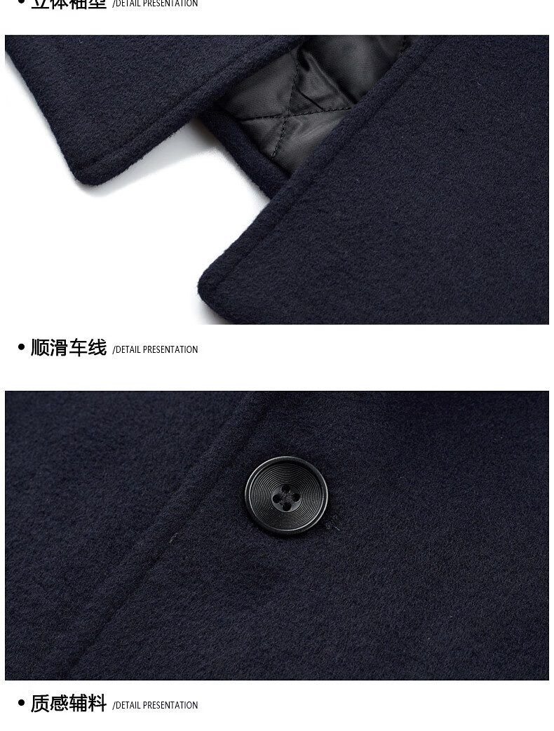 ROMON Autumn Winter Woolen Coat Business Casual Trendy Men's Trench Coat 1930 Navy Blue L 6