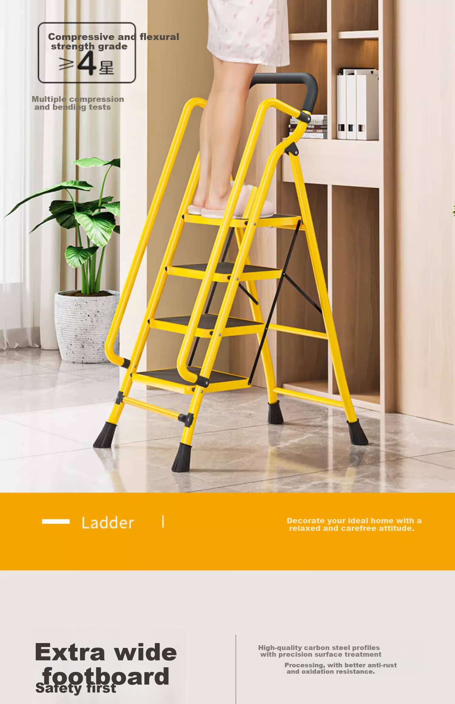Cenggao Household Folding Ladder with Handrail, Indoor Step Ladder, Lemon Yellow Tool Tray, 5 Steps, 26*38 Tread Ladder 5
