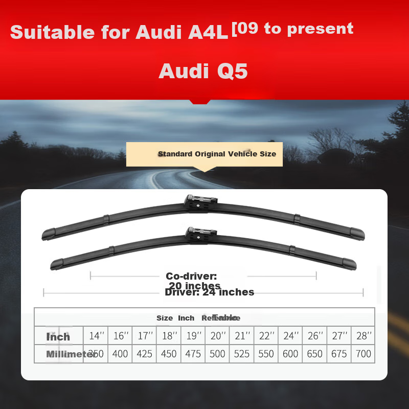 Ouji Windshield Wiper Blade, No Bone Design, for Audi A4L/Q5 from 2009 to Present, Original Size, A-Grade Rubber Strip