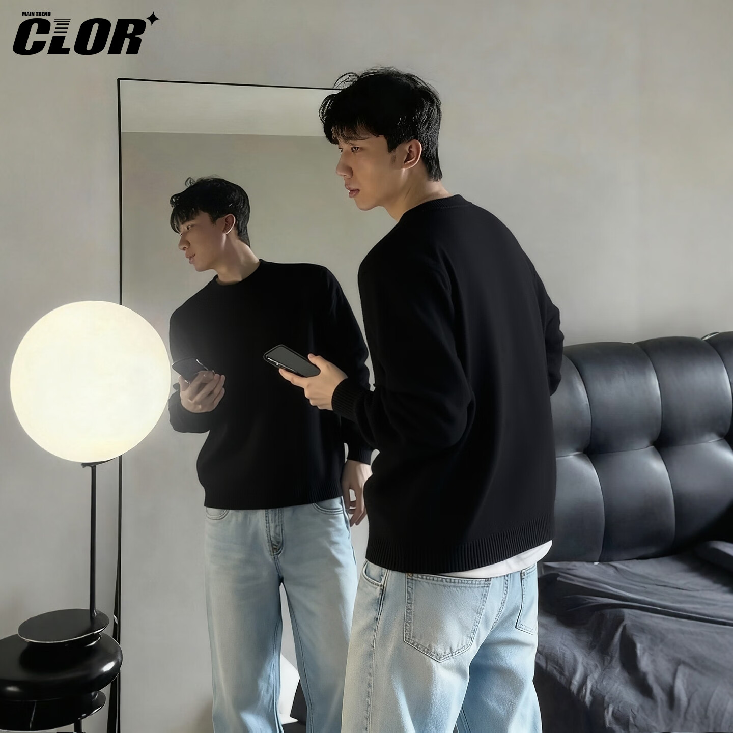 CLOR Round Neck Sweater Unisex Autumn Winter Lazy Style Knitwear Cleanfit Base Layer MYC11 Black M