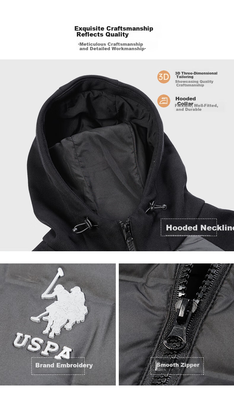 U.S. POLO ASSN. down Jacket, Autumn And Winter Men's Casual Warm Hooded Jacket, Men's Couple Sweatshirt Coat, Pearl White, XL 4