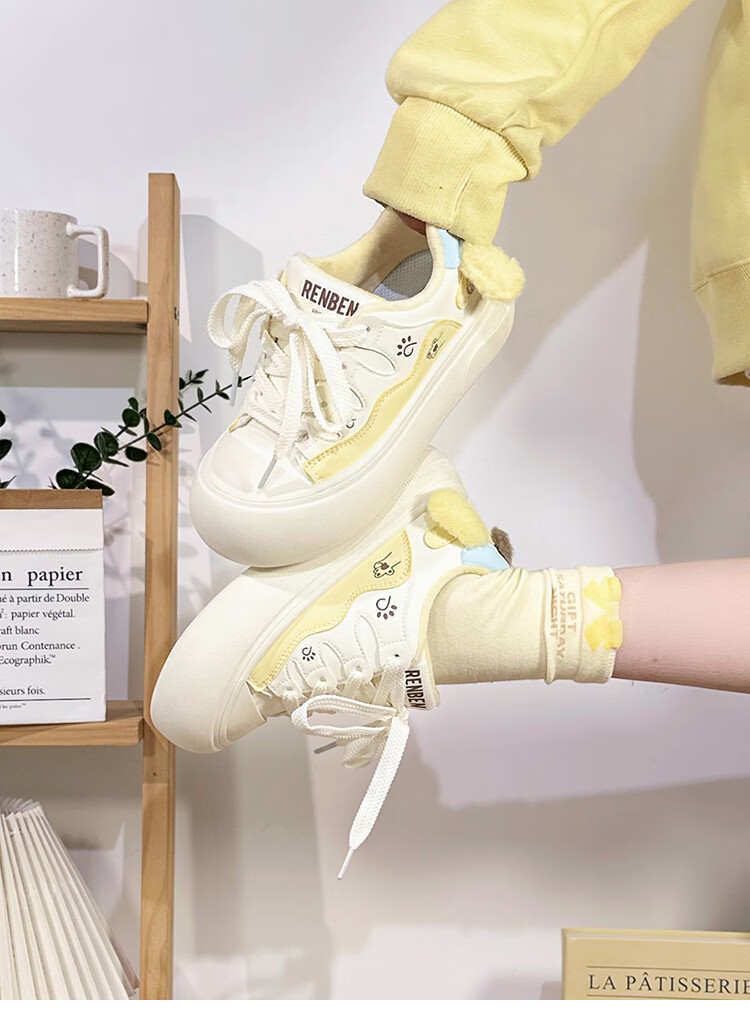 Renben Fleece-Lined White Sneakers for Women Cute Puppy Low-Top Original Casual Thick-Soled Warm Cotton Shoes Trendy Female 1