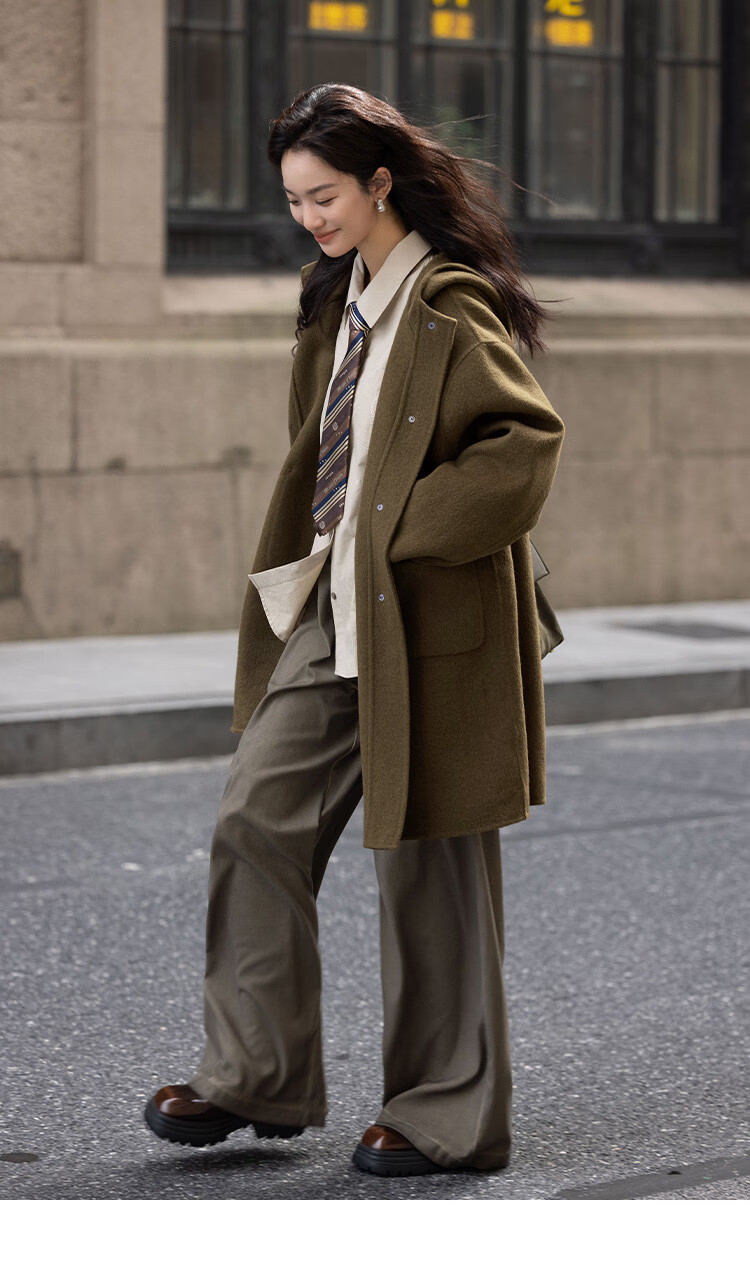 Demana College Style Winter Hooded Long Sleeve Mid-Length Wool Coat with Front Pockets and Open Placket 18