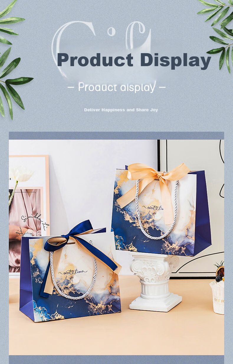 Ouliwen Gift Bags, Handbags, Paper Bags with Rope Handles, Portable Thickened Paper Silk Handles, 25x20x12cm, Pack of 5, Floral Blue with Text, Suitable for Wedding Favors And Birthday Gifts 3