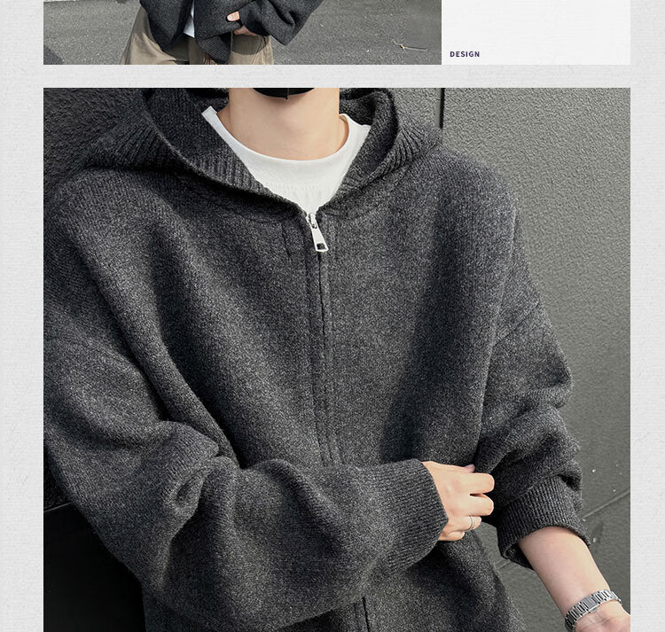 Dingfengbaoluo Men's Hooded Cardigan Sweater Autumn Winter Premium Trendy Solid Color Long Sleeve Jacket VBN10 Charcoal Black 2XL 4