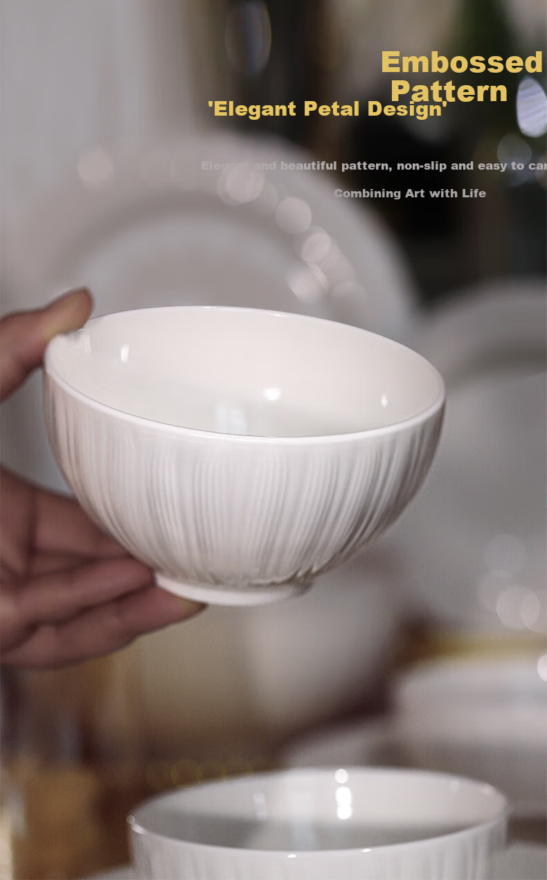 Huaqingge Ceramic Noodle Bowls, High Aesthetic Value, Pure White Embossed Simple Elegant Petal Pattern, 6 Inches, Set of 2, Suitable for Microwave And Dishwasher 6